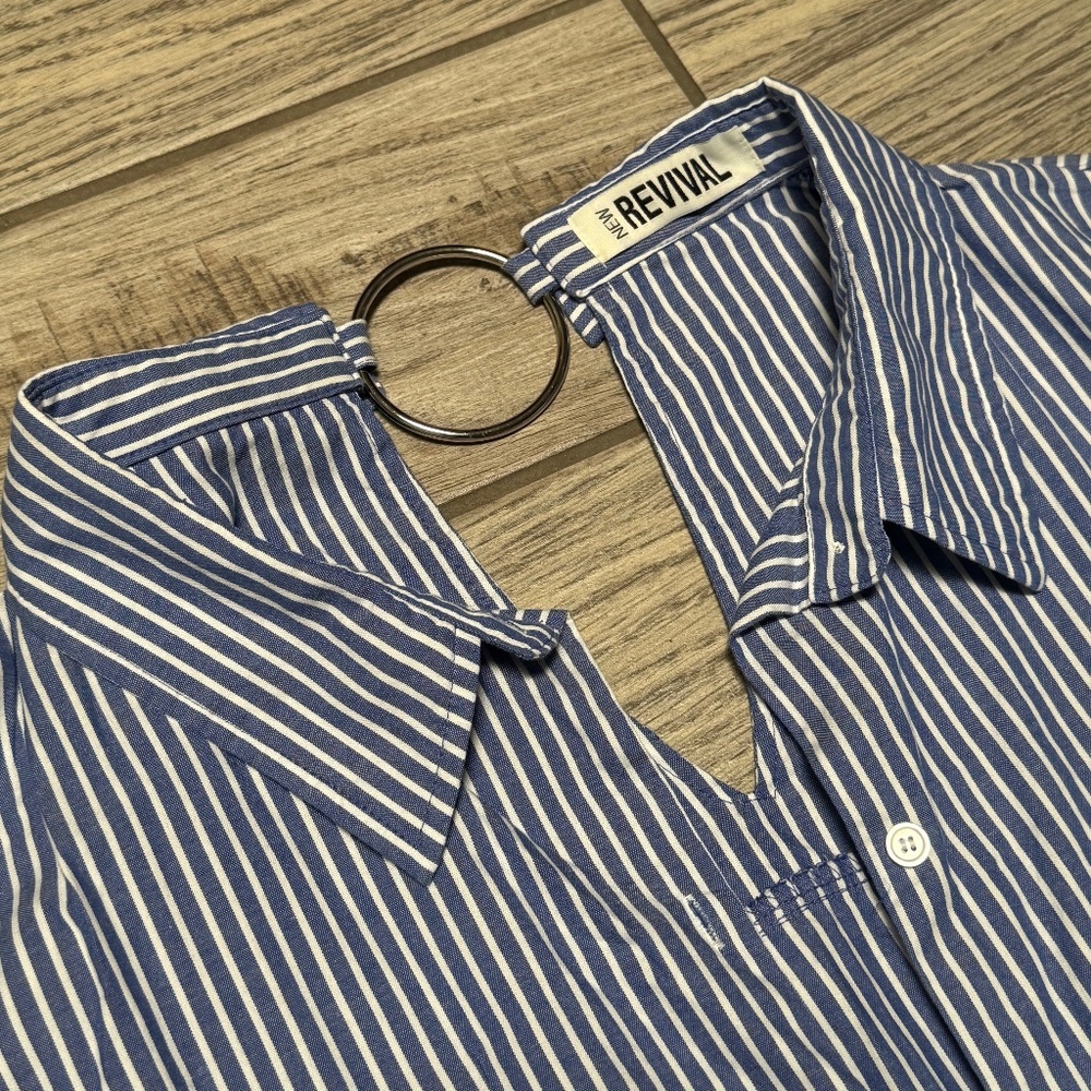 New Revival striped tie sleeve women's button up